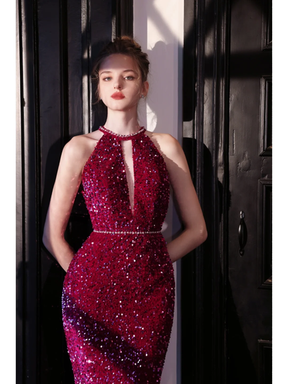 Funkelndes Meerjungfrauen-Abendkleid mit Pailletten in Fuchsia und Schmuckkragen – ein beeindruckendes Outfit für den 18. Geburtstag (AB889)