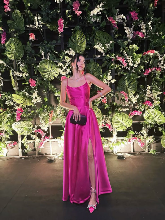 Simple A line Spaghetti Straps Hot Pink Slit Satin Long Prom Dresses Party Dress Princess Graduation Dress B501