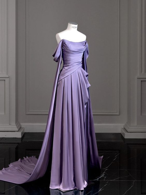 Modest A line Off The Shoulder Light Grape Satin Long Prom Dresses Party Dress Princess Graduation Dress B507