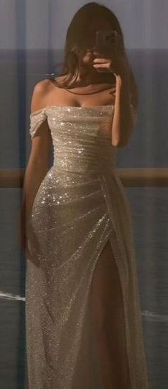 Modest Sheath Off The Shoulder White Sequin Slit Long Prom Dresses Party Dress Princess Graduation Dress B508
