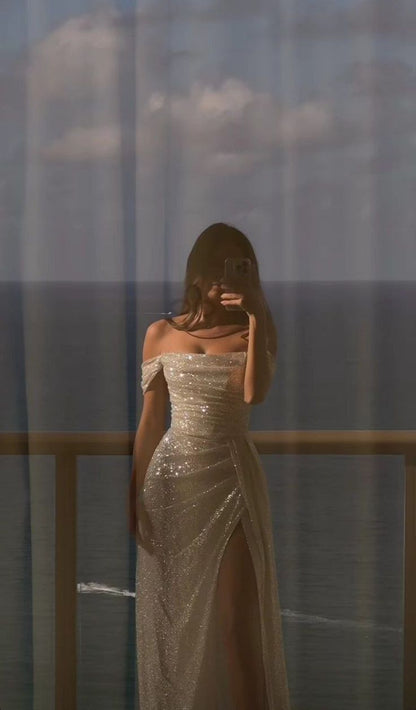 Modest Sheath Off The Shoulder White Sequin Slit Long Prom Dresses Party Dress Princess Graduation Dress B508