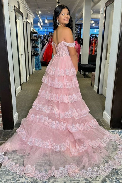 Charming Ball Gown Off The Shoulder Pink Lace Sequin Prom Dresses Inspiration Prom Dress Princess Graduation Dress B515