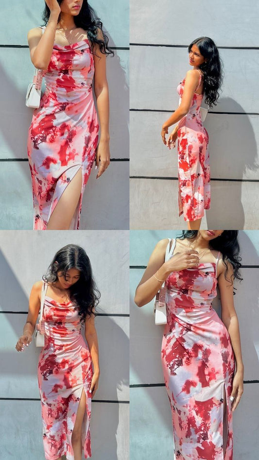 Elegant Sheath Spaghetti Straps Pink Floral Slit Long Prom Dresses Inspiration Trending Prom Gowns Formal Party Dress B518