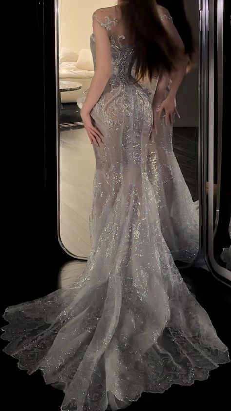 Robe de mariée sirène de rêve à col rond et longue en tulle et paillettes, robe de mariée formelle féerique B52