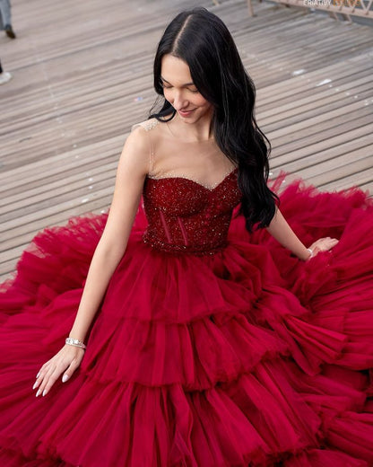 Charming Ball Gown Strapless Red Tulle Prom Dresses Inspiration Prom Dress Princess Graduation Dress B521