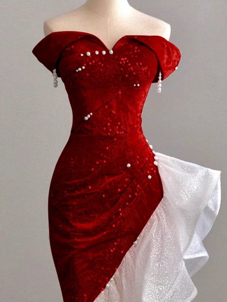 Elegantes Meerjungfrauen-Kleid, schulterfrei, Pink mit kurzen Ärmeln, formelles Kleid, Pailletten, Geburtstag, Abschlussballkleider N2816