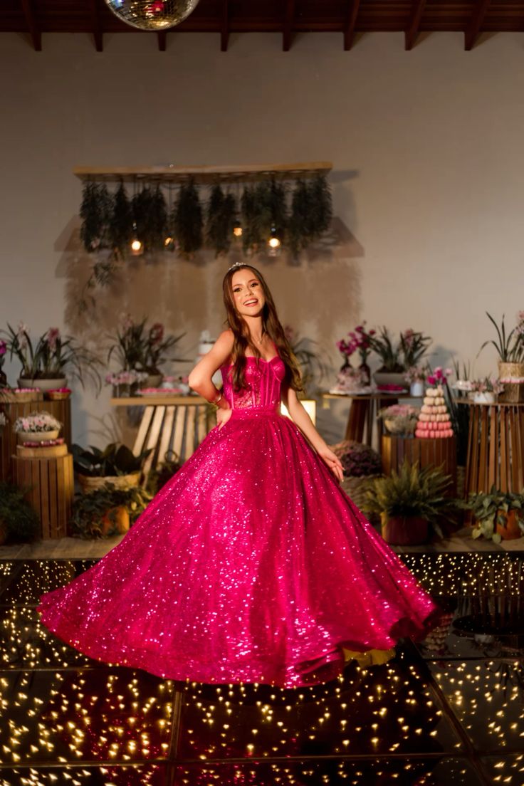 Elegant Ball Gown Spaghetti Straps Sleeveless Sequin Pink Prom Dress Inspiration Ideas Prom Inspo Dresses Party Dress B527
