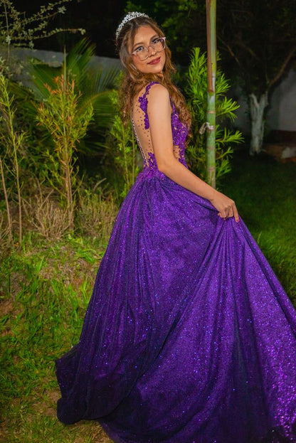 Modest Ball Gown Scoop Grape Lace Tulle Long Prom Dresses Party Dress 18th Birthday Outfits Graduation Dress B545