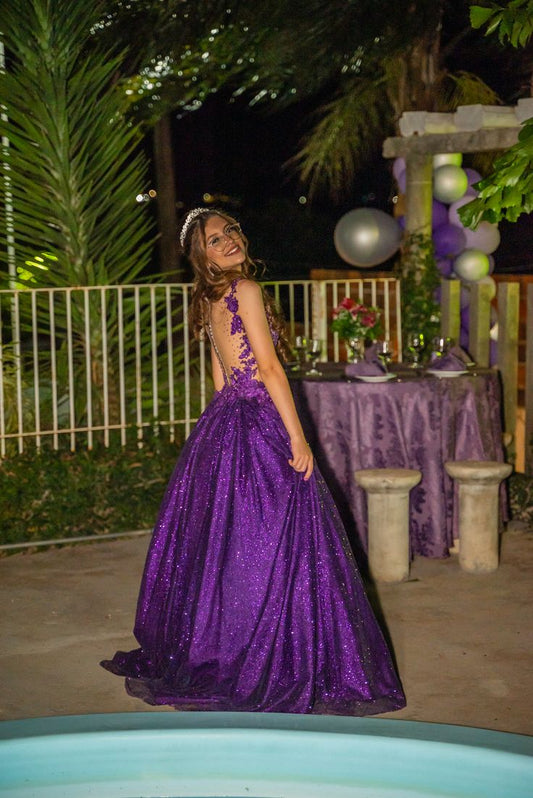 Modest Ball Gown Scoop Grape Lace Tulle Long Prom Dresses Party Dress 18th Birthday Outfits Graduation Dress B545