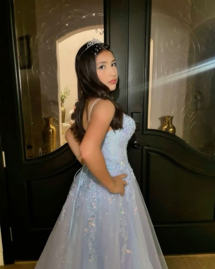 Charming Ball Gown Spaghetti Straps Light Sky Blue Tulle Lace Prom Dresses Inspiration Prom Dress Princess Graduation Dress B546