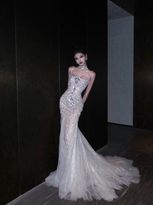 Robe de mariée sirène de rêve à bretelles spaghetti, longue en tulle et paillettes, robes de mariée formelles féeriques B55