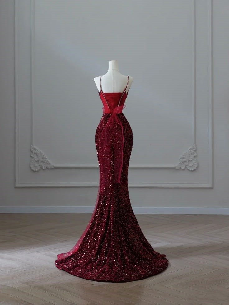 Elegant Mermaid Spaghetti Straps Sequin Long Floor Length Burgundy Prom Dress Inspiration Long Prom Dresses B56