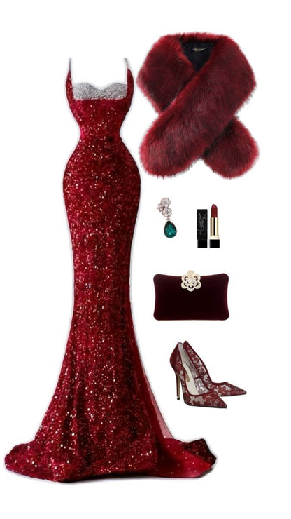 Elegant Mermaid Spaghetti Straps Sequin Long Floor Length Burgundy Prom Dress Inspiration Long Prom Dresses B56