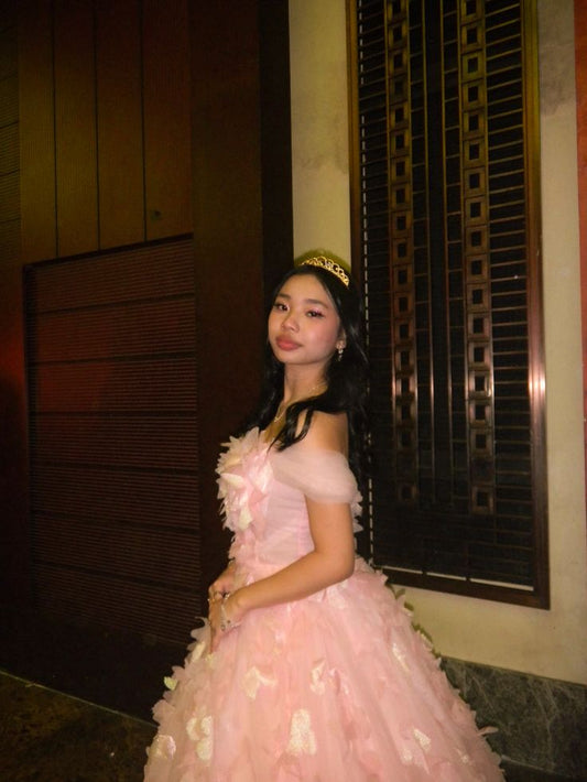 Modest Ball Gown Off The Shoulder Pink Tulle Long Prom Dresses Party Dress 20th Birthday Outfits Graduation Dress B569