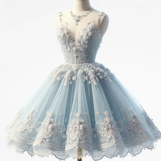 Romantisches Ballkleid mit Trägern, hellblaue Spitze, kurz, für den 16. Geburtstag, Heimkehrkleider, Cocktailkleid B574