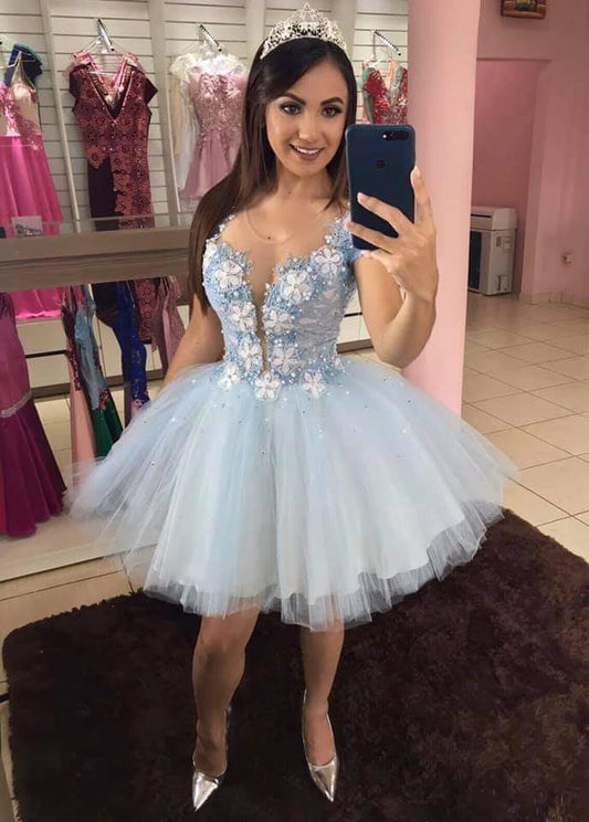 Romantisches Ballkleid mit U-Ausschnitt, hellblaue Spitze, kurzes Kleid zum 16. Geburtstag, Heimkehrkleider, Cocktailkleid B575
