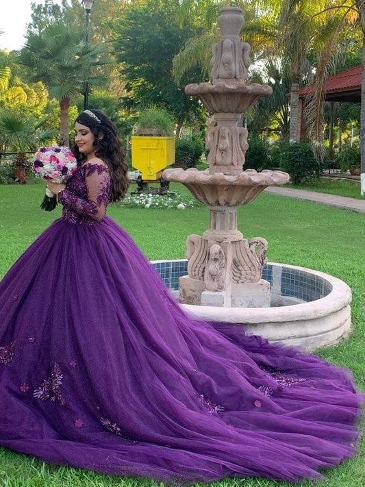 Bescheidene Quinceanera-Kleider Ballkleid aus der Schulter Trauben-Tüll-Spitze Geburtstagskleider Vestidos de 15 Anos Formale Party Langes süßes 16-Kleid B577
