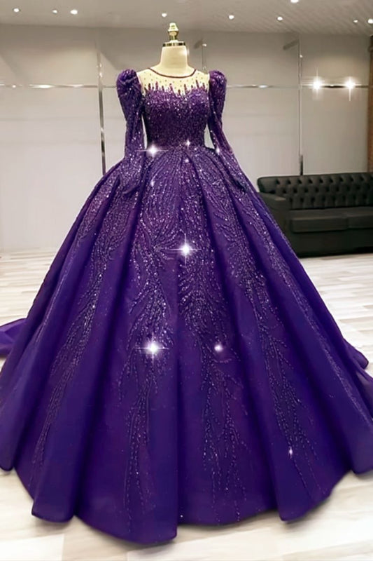 Bescheidene Quinceanera-Kleider Ballkleid Scoop Lange Ärmel Grape Tüll Geburtstagskleider Vestidos De 15 Anos Formale Party Langes Sweet 16 Kleid B579