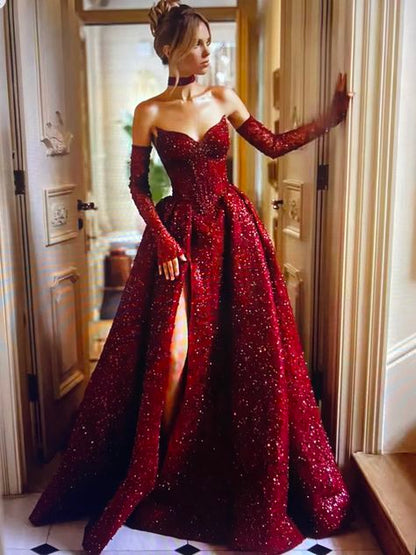 Elegant Ball Gown Sweetheart Sleeveless Long Floor Length Burgundy Prom Dress Inspiration Slit Prom Dresses B61
