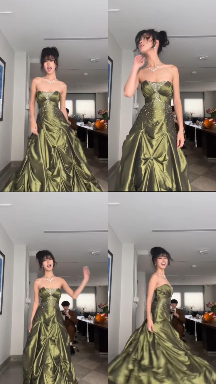 Vintage Ball Gown Strapless Olive Green Satin Taffeta 90s Prom Dresses Inspiration Party Dress Princess Graduation Dress B627