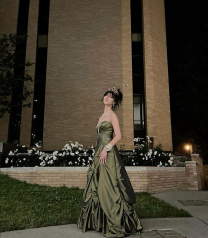 Vintage Ball Gown Strapless Olive Green Satin Taffeta 90s Prom Dresses Inspiration Party Dress Princess Graduation Dress B627