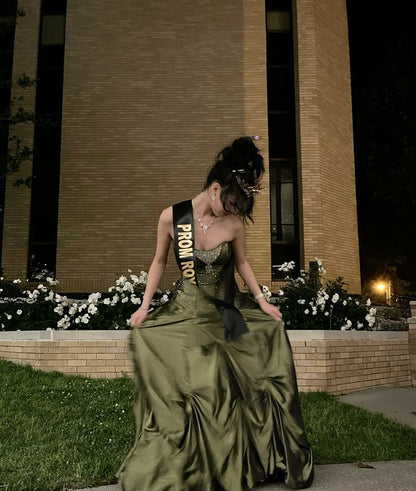 Vintage Ball Gown Strapless Olive Green Satin Taffeta 90s Prom Dresses Inspiration Party Dress Princess Graduation Dress B627