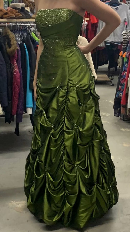 Vintage Ball Gown Strapless Olive Green Satin Taffeta 90s Classy Prom Dresses Inspiration Party Dress Princess Graduation Dress B630