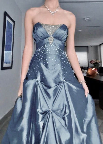 Vintage Ball Gown Strapless Blue Sleeveless Taffeta 90s Classy Prom Dresses Inspiration Party Dress Princess Graduation Dress B631