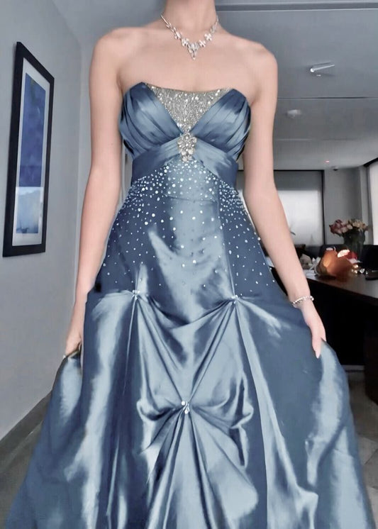 Vintage Ball Gown Strapless Blue Sleeveless Taffeta 90s Classy Prom Dresses Inspiration Party Dress Princess Graduation Dress B631