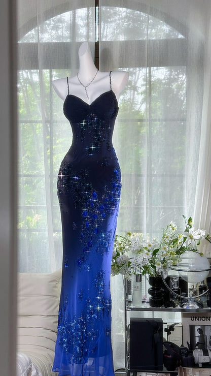 Vintage Mermaid Spaghetti Straps Royal Blue Chiffon Long 1950s Retro Classy Prom Dresses Party Dress 21st Birthday Outfits Graduation Dress B634