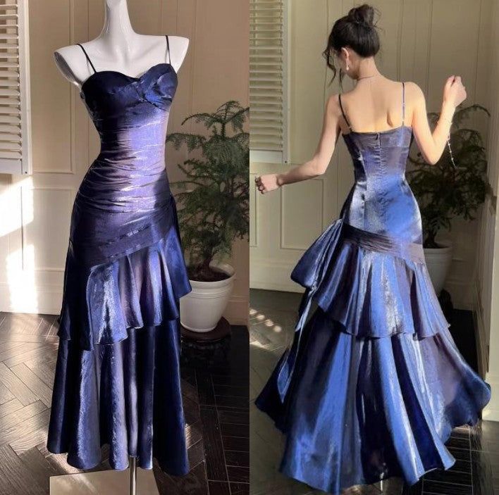 Vintage Mermaid Spaghetti Straps Navy Blue Long 1950s Retro Classy Prom Dresses Party Dress 21st Birthday Outfits Graduation Dress B636