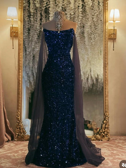 Classy Mermaid Strapless Navy Blue Sequins Prom Dresses Inspiration Party Dress Princess Graduation Dress B637