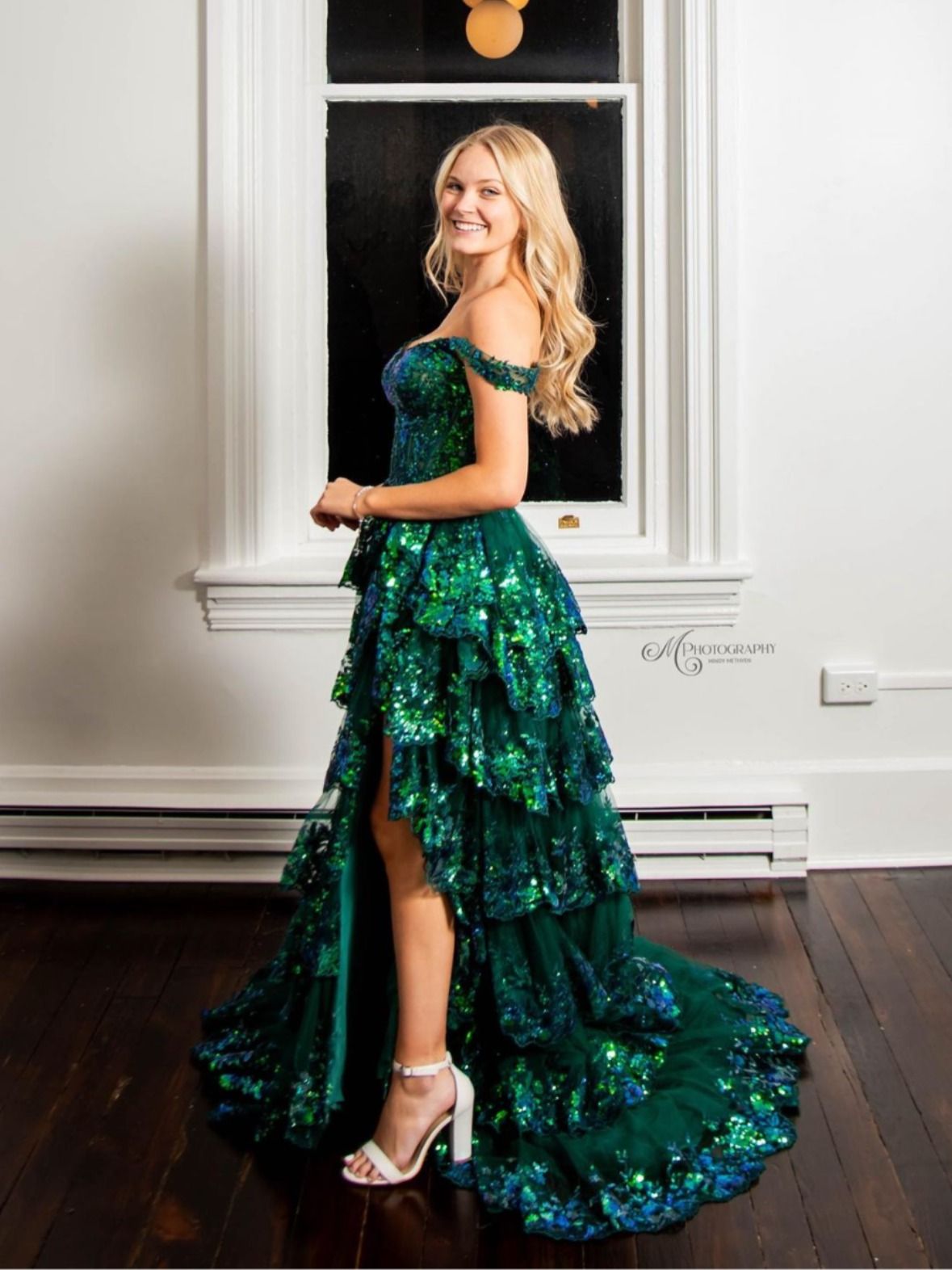 Charming Ball Gown Off The Shoulder Green Sequin Lace Prom Dresses Inspiration Slit Party Dress Princess Graduation Dress B647