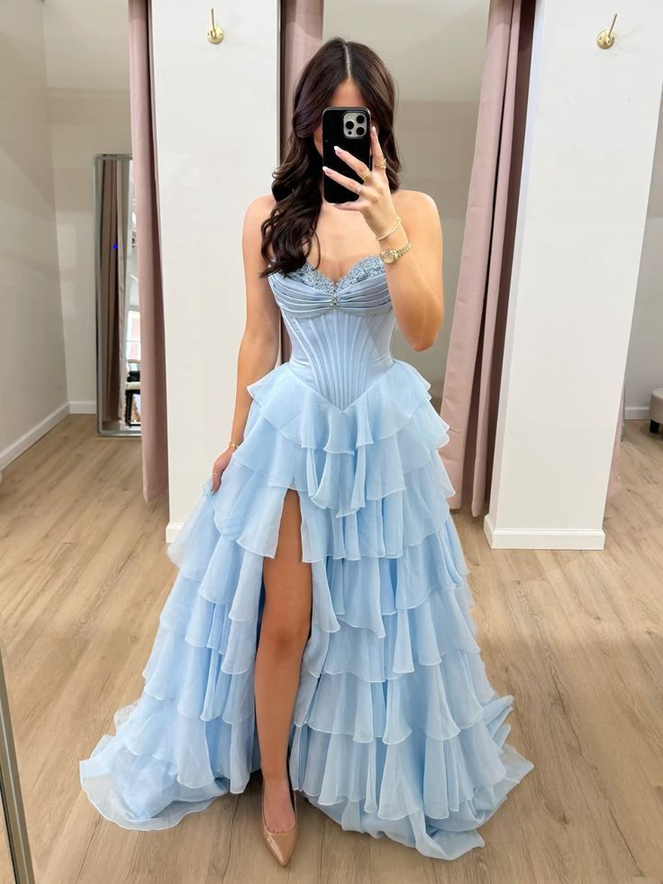 Modest Ball Gown Sweetheart Light Sky Blue Chiffon Slit Sleeveless Classy Prom Dresses Inspiration Party Dress Princess Graduation Dress B649
