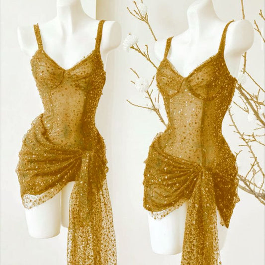 Sexy Etuikleid mit Spaghettiträgern und goldenen Pailletten, kurz, für den 16. Geburtstag, Heimkehrkleider, Cocktailkleid B661