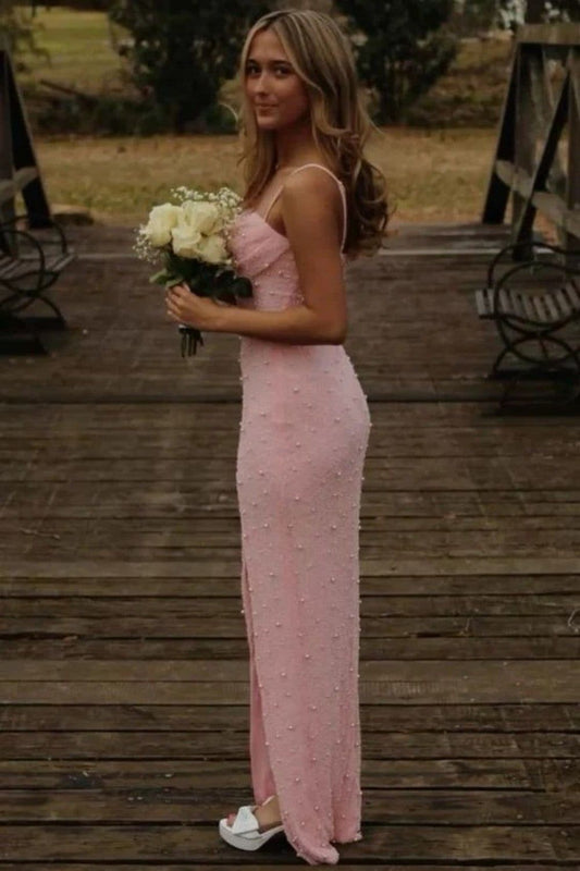 Modest Mermaid Spaghetti Straps Sequin Pink Slit Long Prom Dresses Party Dress 21st Birthday Outfits Graduation Dress B680