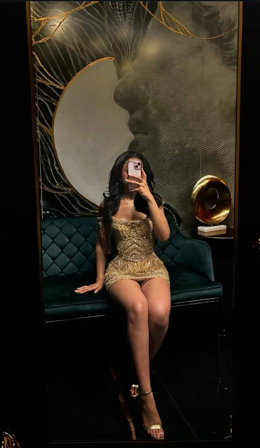 Einzigartiges Etuikleid mit trägerlosem, goldenen Pailletten, kurzes Kleid zum 18. Geburtstag, Freshman Homecoming-Kleid, Cocktailkleid B688