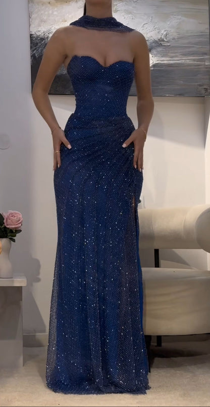 Sexy Mermaid Sweetheart Royal Blue Sleeveless Sequin Long Prom Dresses Party Dress 21st Birthday Outfits Graduation Dress B691