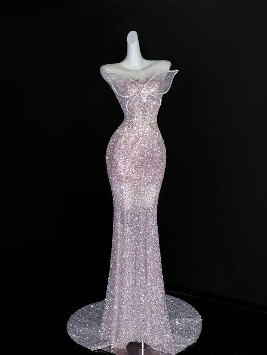 Elegant Mermaid Scoop Sequin Pink Sleeveless Long Floor Length Prom Dress Inspiration Prom Dresses B73
