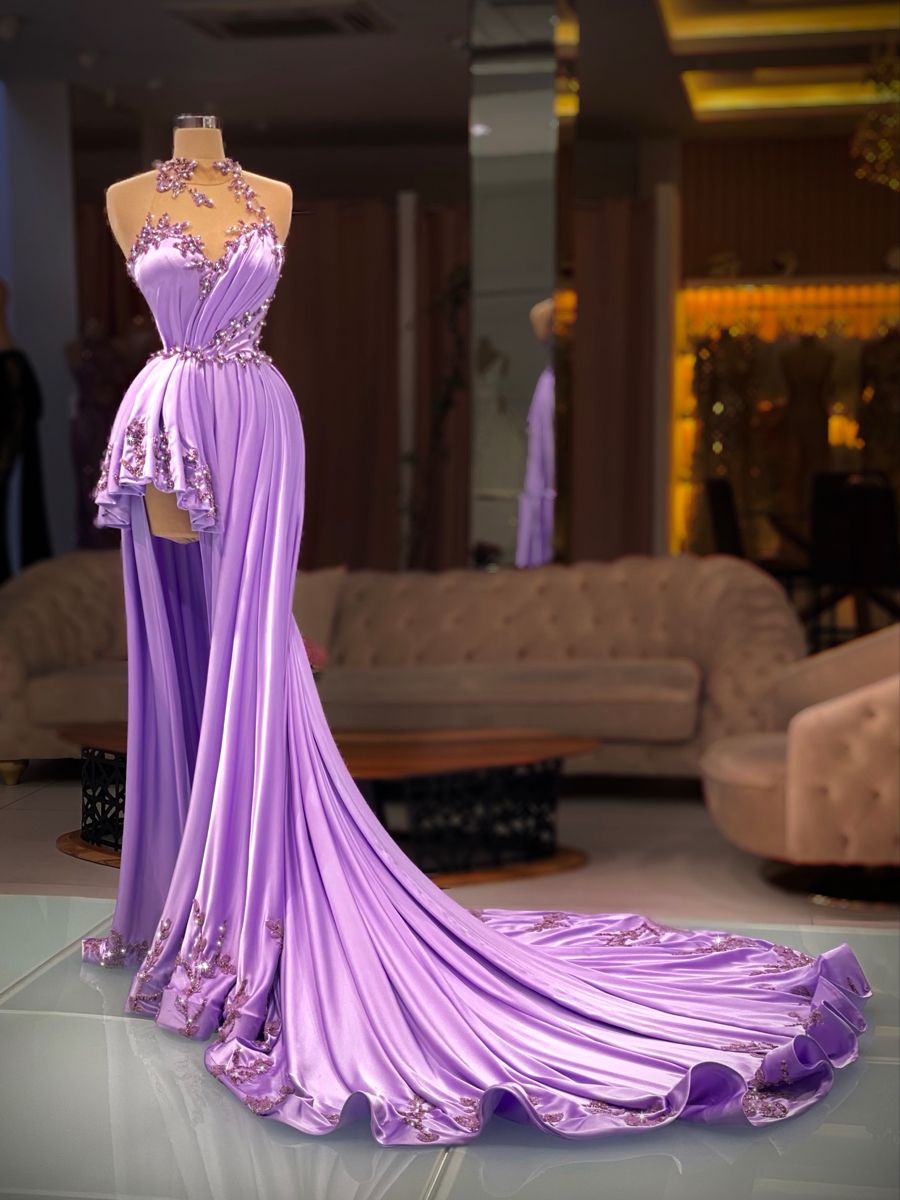 Elegant High Low High Neck Lilac Satin Long Floor Length Prom Dress Inspiration Prom Dresses B80