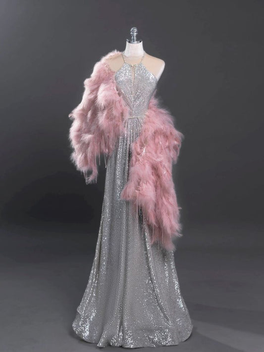 Elegant A Line Halter Silver Sequin Sparkly Long Floor Length Prom Dress Inspiration Prom Dresses B85