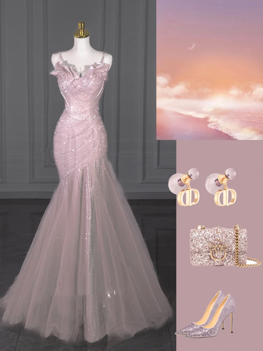 Elegant Mermaid Spaghetti Straps Pink Sequin Long Floor Length Prom Dress Inspiration Prom Dresses B89