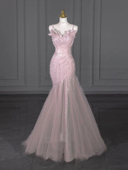Elegant Mermaid Spaghetti Straps Pink Sequin Long Floor Length Prom Dress Inspiration Prom Dresses B89