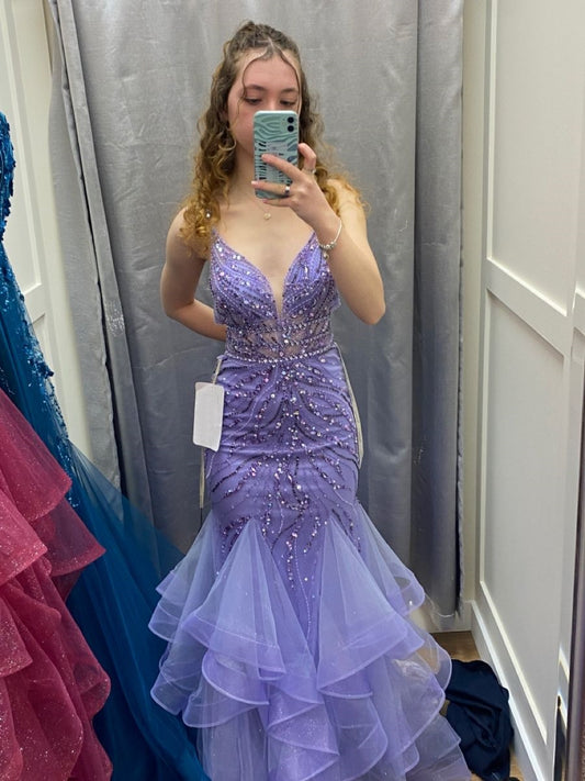 Elegant Mermaid Spaghetti Straps Lilac Tulle Long Floor Length Prom Dress Inspiration Prom Dresses B92