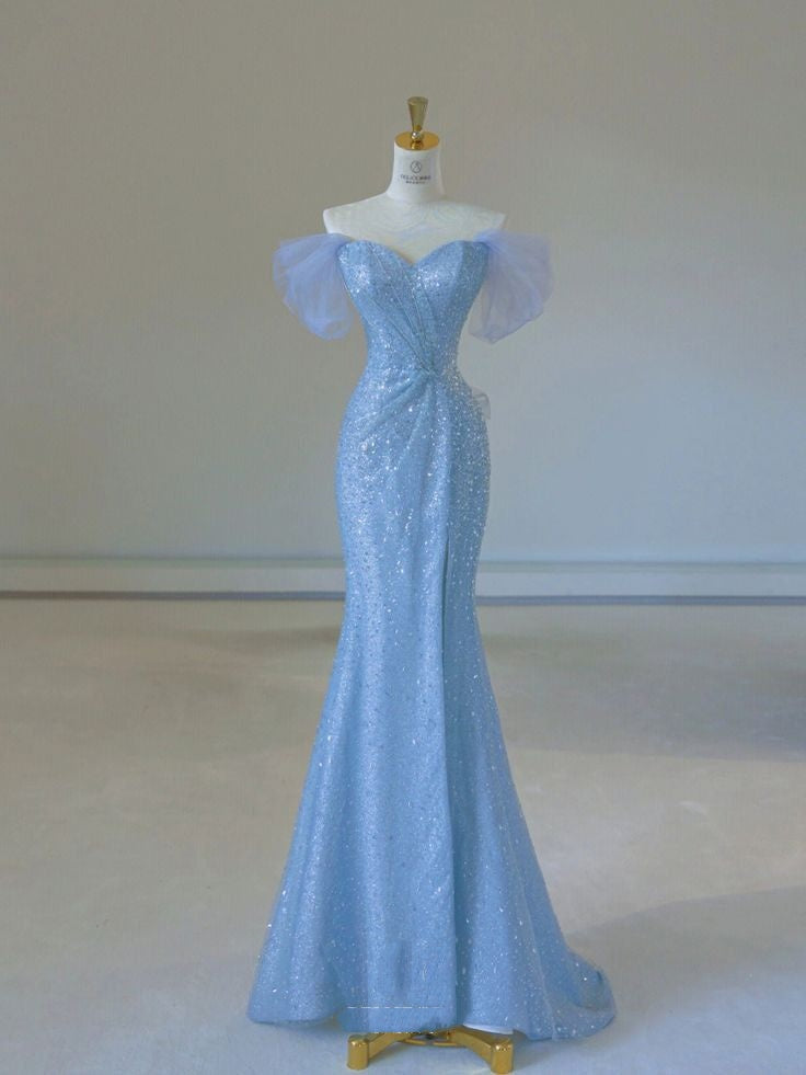 Elegant Mermaid Off The Shoulder Blue Sequin Sparkly Long Floor Length Prom Dress Inspiration Prom Dresses B95