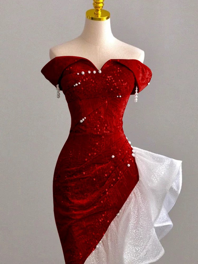 Elegantes Meerjungfrauen-Kleid, schulterfrei, Pink mit kurzen Ärmeln, formelles Kleid, Pailletten, Geburtstag, Abschlussballkleider N2816
