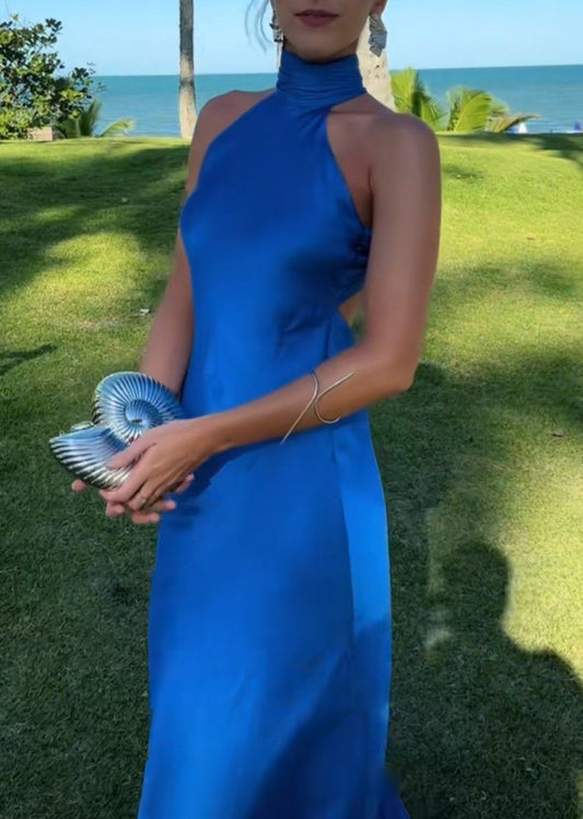 Simple Fourreau Col Montant Bleu Roi Sans Dos Satin Longues Robes de Bal de Soirée N2494