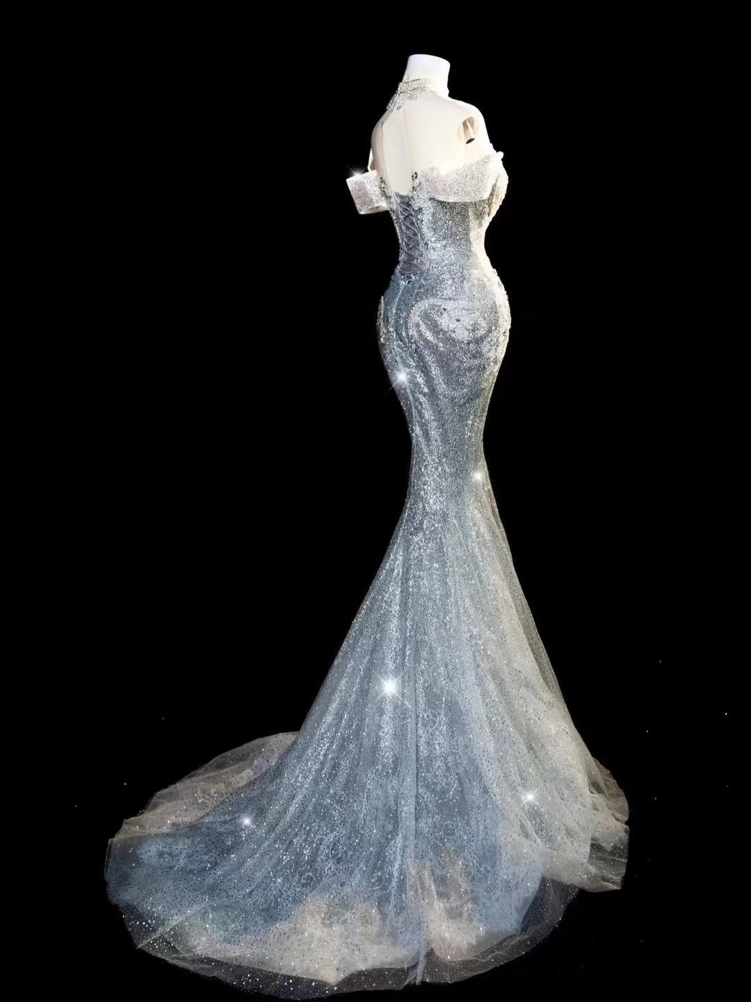Princess Long Wedding Gowns Mermaid Off The Shoulder White Sequins For Bride With Sleeves Train Bridal Dresses AB2188