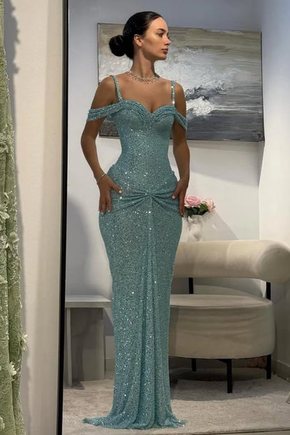 Blaues Pailletten-Partykleid, schulterfrei, ärmellos, Ballkleid, Abendkleid AB1555
