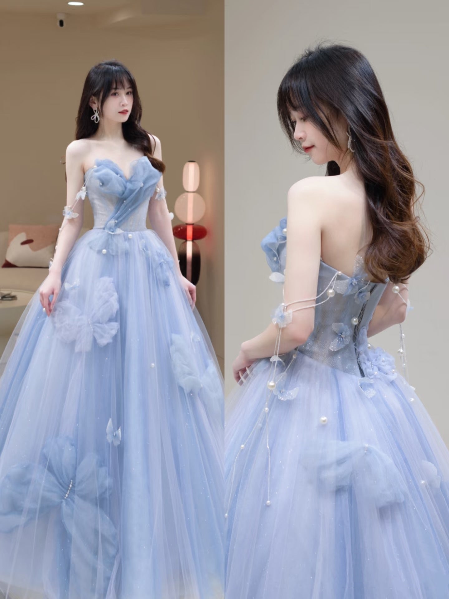 Bezauberndes langes Ballkleid aus blauem Tüll mit Herzausschnitt, formelles Partykleid, Abiballkleid AU112